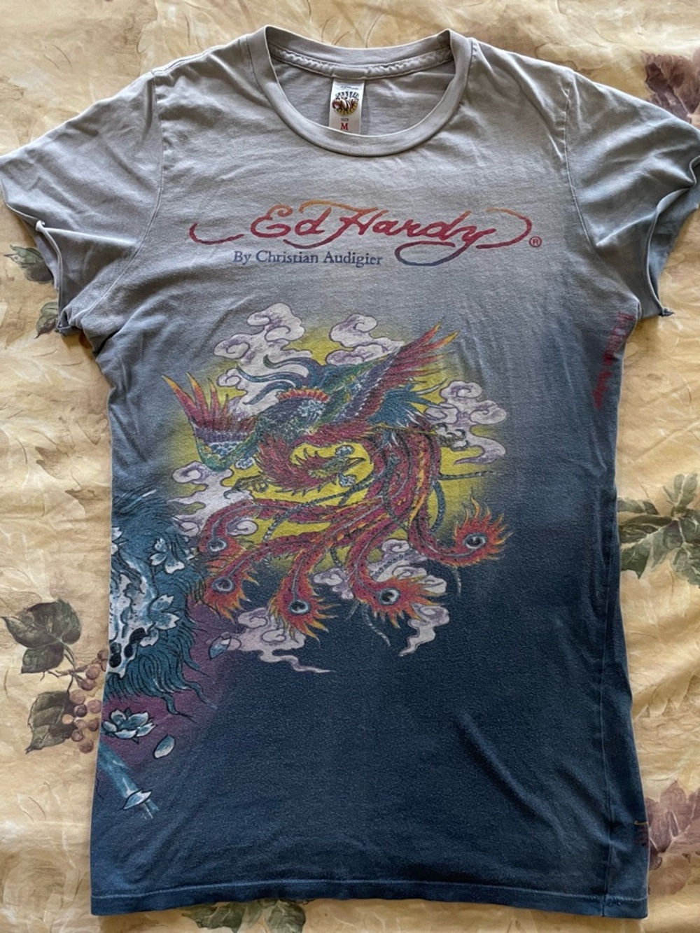 Ed Hardy Ombre Phoenix Graphic Tee - Blue, Gray, Red Accents